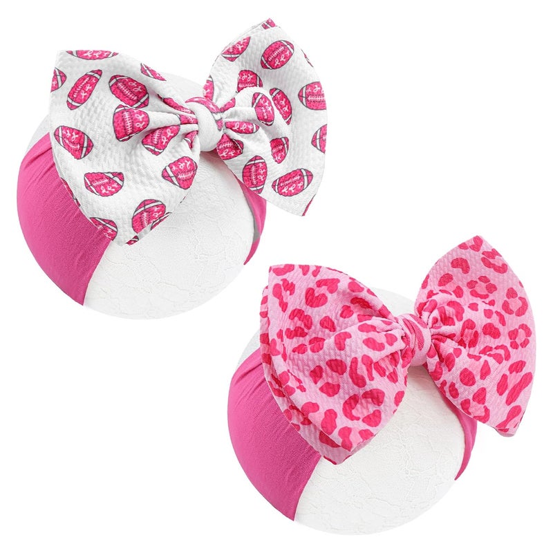 ONENINEDREAM 2PCS 6’’ Pink Leopard Hair Accessories for Baby Girls Football Headbands for Girls Hair Bows Newborn Headband Pink Ribbon Baby Clothes - Image 1